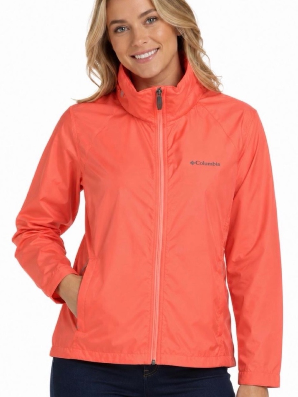 Columbia Sportswear coral, full zip windbreaker with hood.